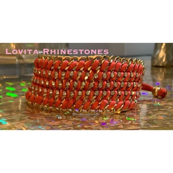 Lovita rhinestone encrusted salmon color bracelet expands 12in retracts 6in - Picture 5 of 6